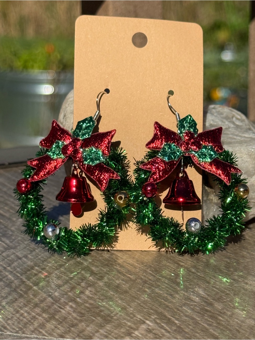 NWT Festive Green and Red Wreath Bells Earrings - Holiday Accent